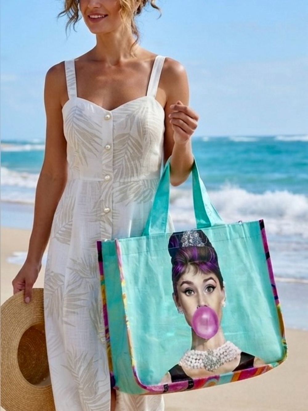 Turquoise Graphic Tote Bag with Bubblegum Print
